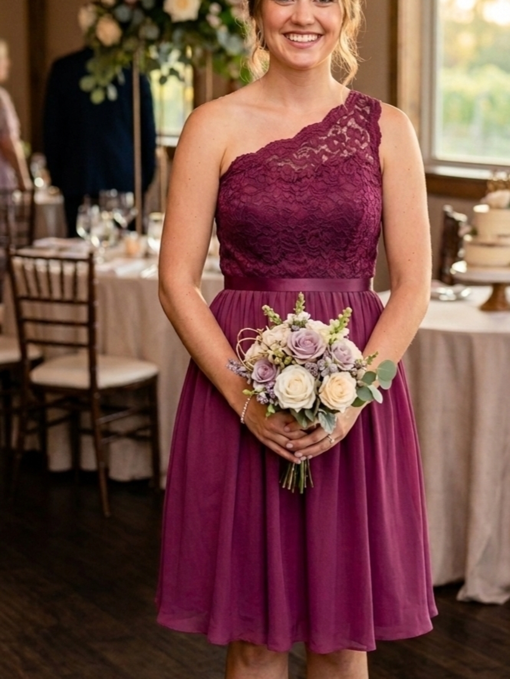 davids bridal one shoulder Lace and Chiffon Cocktail Dress Size 16 Red